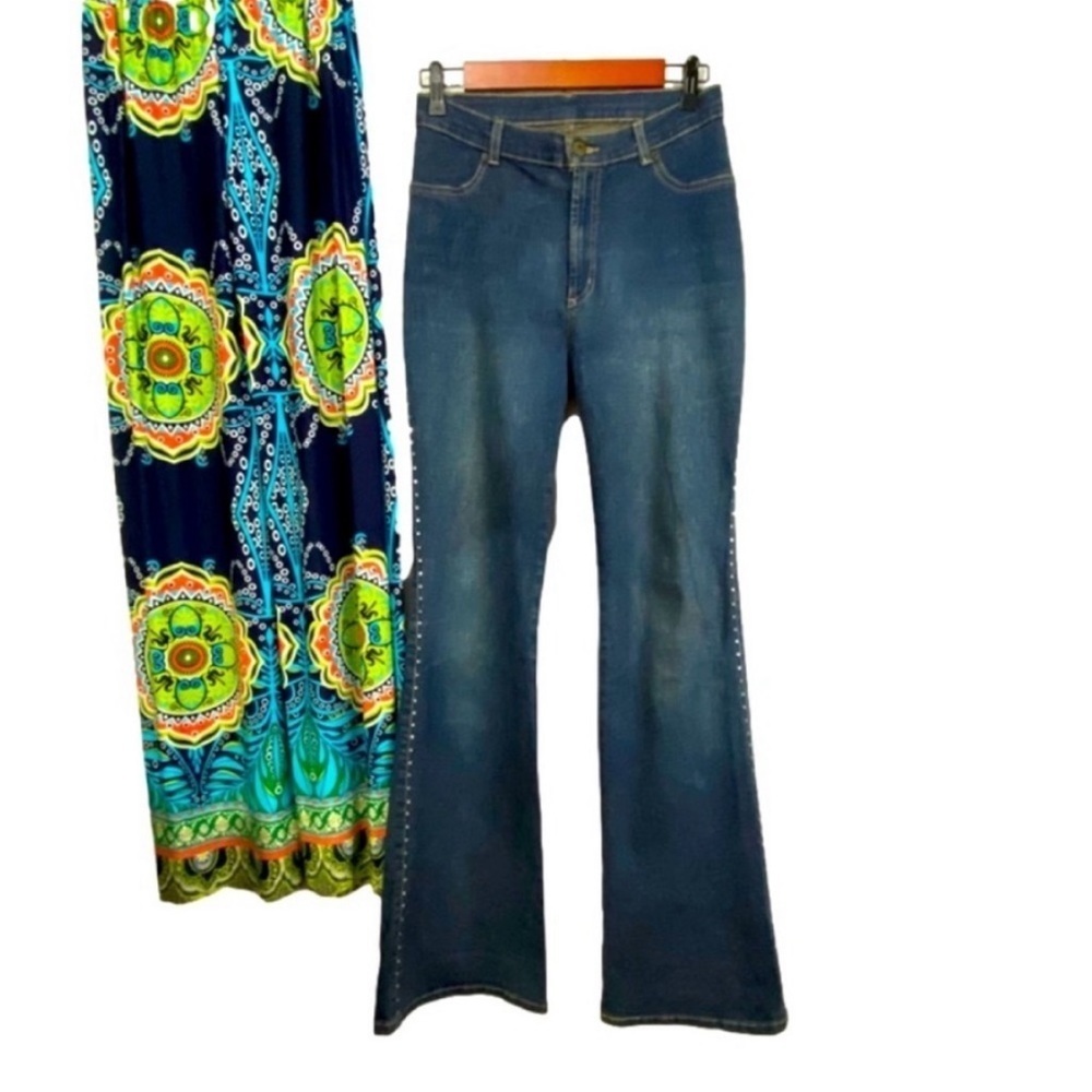 M Jeans Ultimate Hippie Bell bottom blue stretch denim Sequined Jeans 28